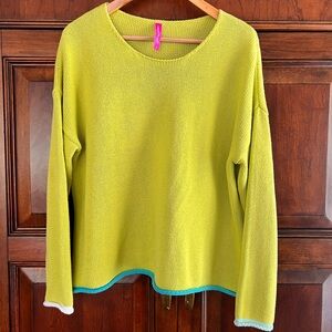 Zaket & Plover Chartreuse Sweater with Teal Trim Hem - Large